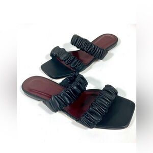STAUD Maya Ruched Black Leather Slide Sandals